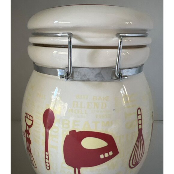 Retro Ceramic Kitchen Canister Hinged Lid Gasket Baking Pattern White Yellow Red - Picture 7 of 10